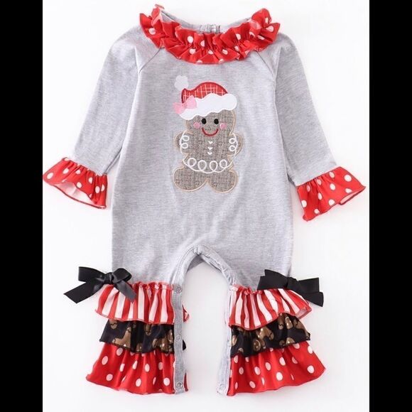 Gingerbread Appliqué Ruffle Baby Boutique Romper - Picture 1 of 4